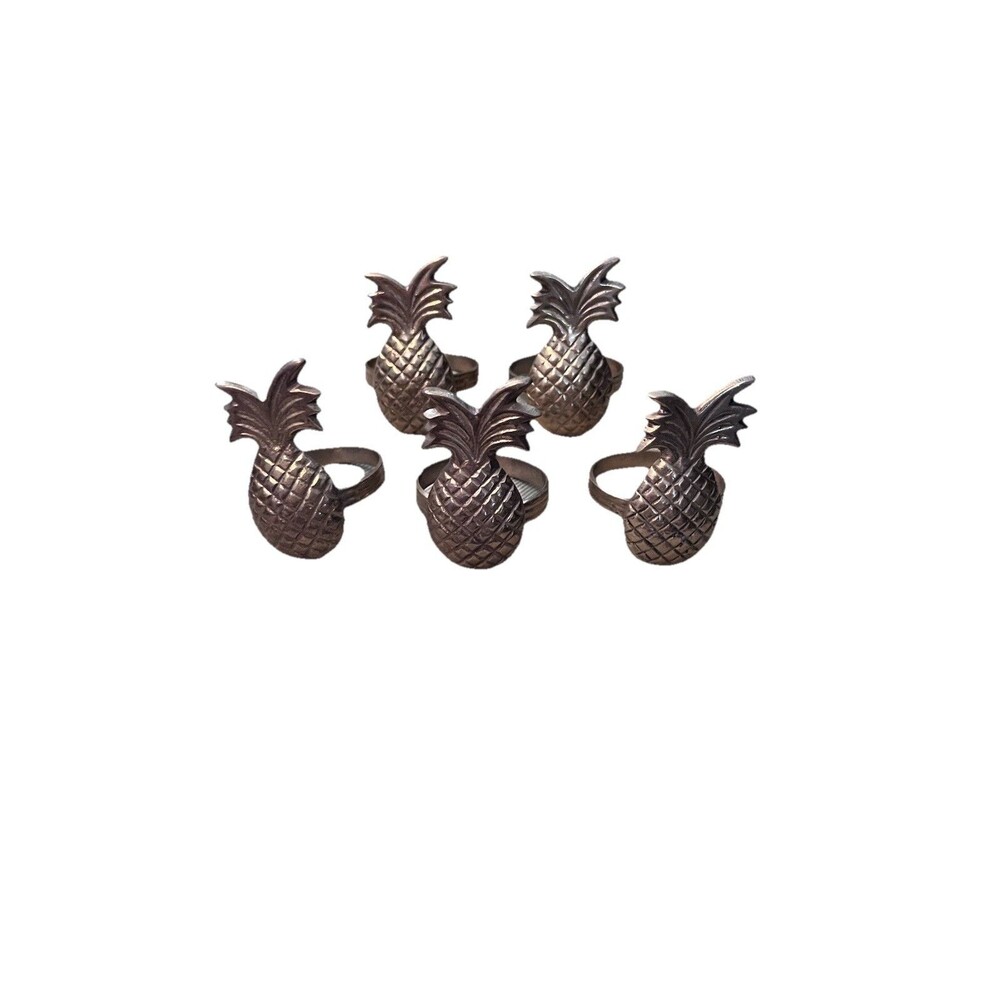 Vintage Pineapple Brass Metal Napkin Holders Rings Set of 5 MCM Mid Century
